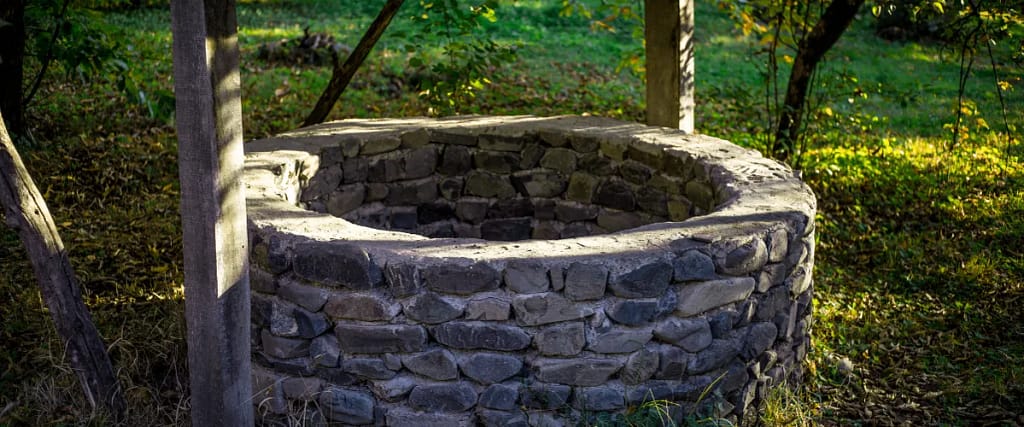 A traditional stone water well outdoors, surrounded by greenery (selected).

