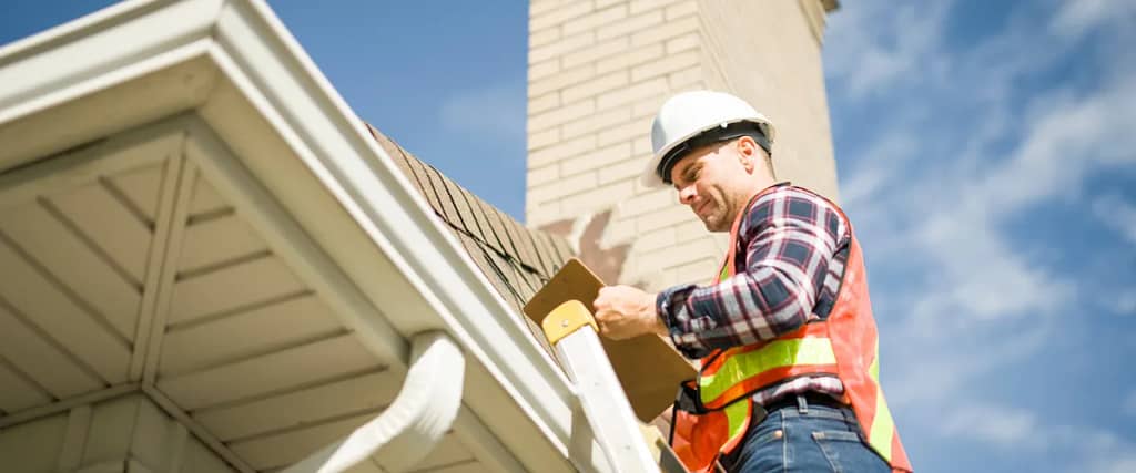 A construction worker wearing a hard hat and safety gear inspecting or installing a gutter on a house