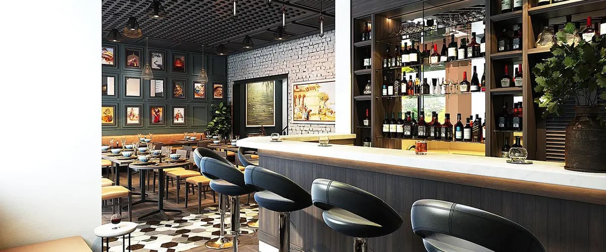 Restaurant bar interior with wine shelves and modern stools