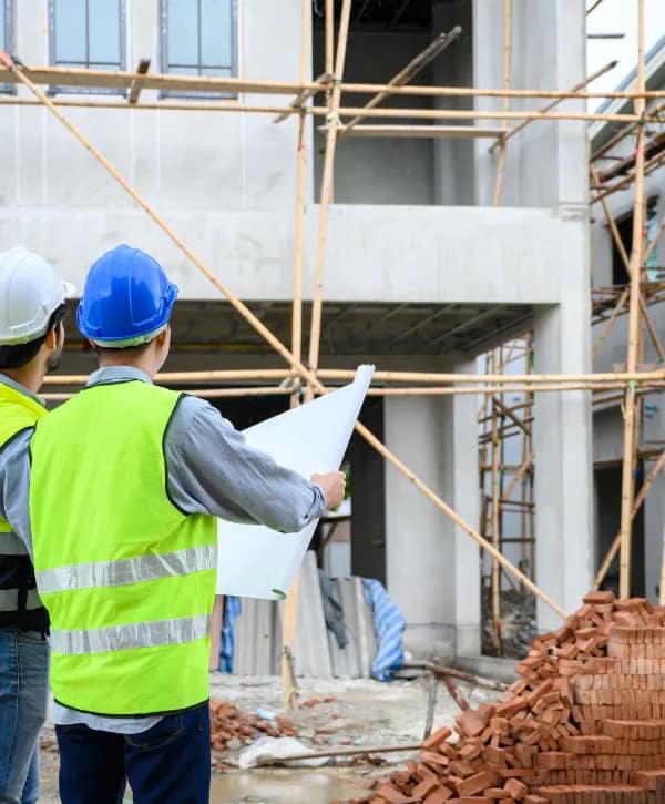 Two construction workers in blue hard hats reviewing blueprints at a building site surrounded by scaffolding and bricks.